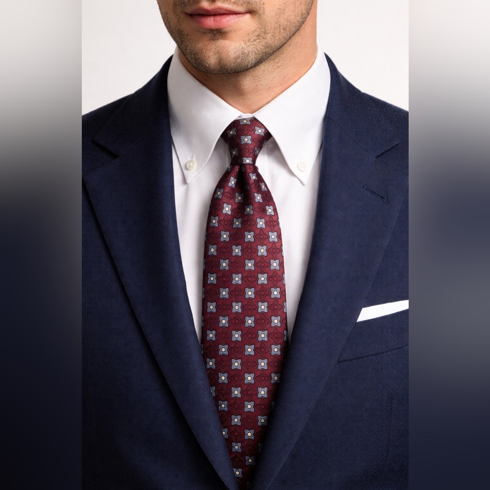 Tommy Hilfiger Silk Tie Burgundy Geometric Medallion Classic Designer Necktie